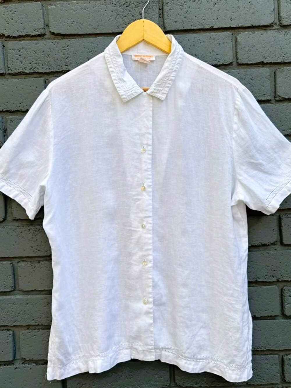 80s VTG HTF  Brooks Brothers Eyelet Trim Linen Button Up Blouse Old Money Yacht